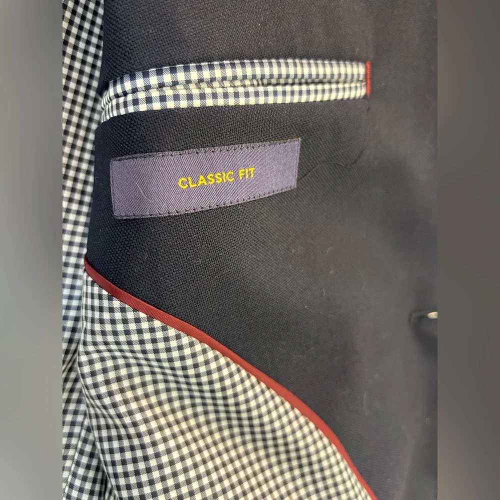 STAFFORD Hopsack Navy Blazer Gold Button Blue Gingham Preppy Wool Business 44L‎